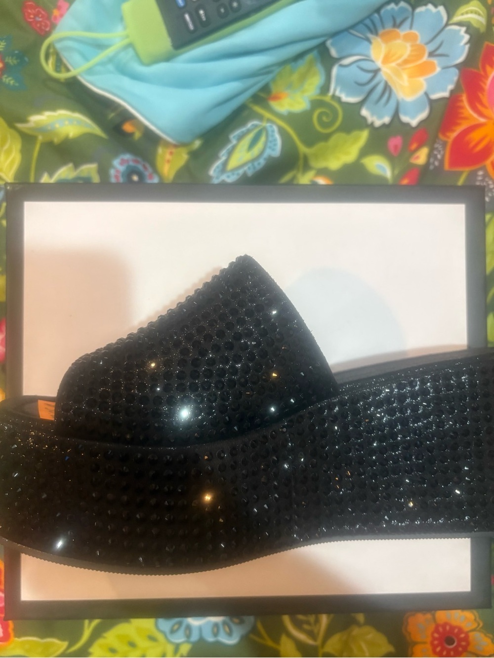 Black Rhinestone Platform Mule Slides